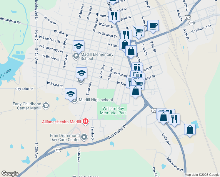map of restaurants, bars, coffee shops, grocery stores, and more near in Madill