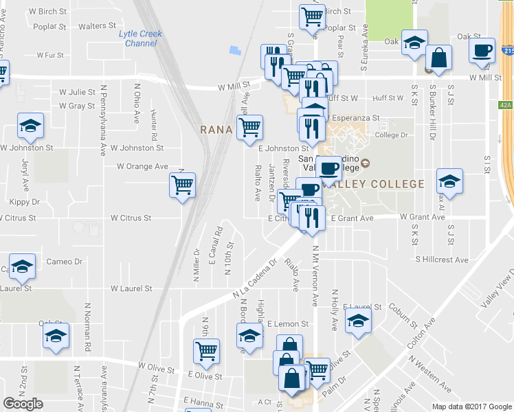 map of restaurants, bars, coffee shops, grocery stores, and more near 1541 Rialto Avenue in Colton