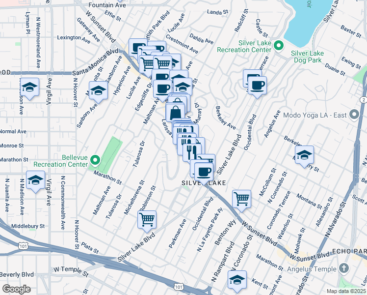 map of restaurants, bars, coffee shops, grocery stores, and more near 3204 Sunset Boulevard in Los Angeles