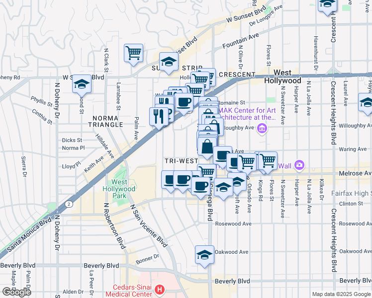 map of restaurants, bars, coffee shops, grocery stores, and more near 819 Westmount Drive in West Hollywood