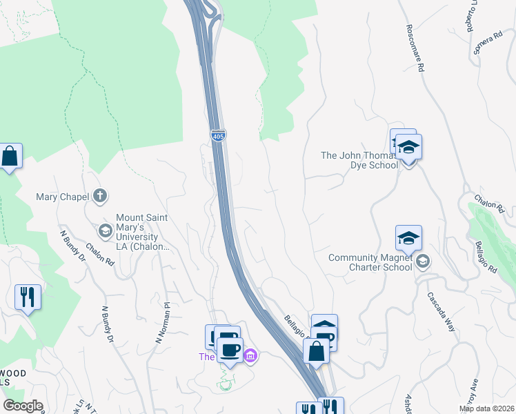 map of restaurants, bars, coffee shops, grocery stores, and more near 11813 Bel Terrace in Los Angeles