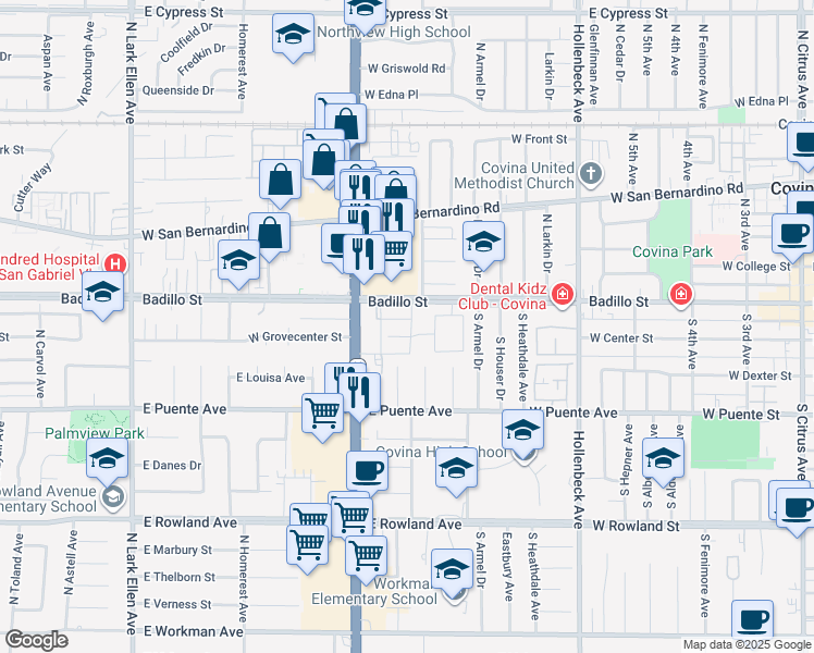map of restaurants, bars, coffee shops, grocery stores, and more near 1838 Badillo Street in West Covina