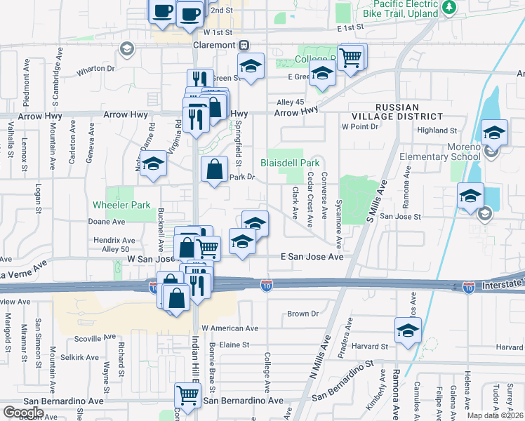 map of restaurants, bars, coffee shops, grocery stores, and more near 539 South College Avenue in Claremont