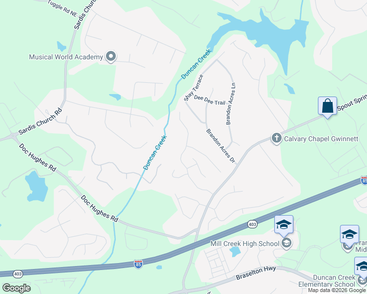 map of restaurants, bars, coffee shops, grocery stores, and more near 2398 Well Springs Drive in Buford