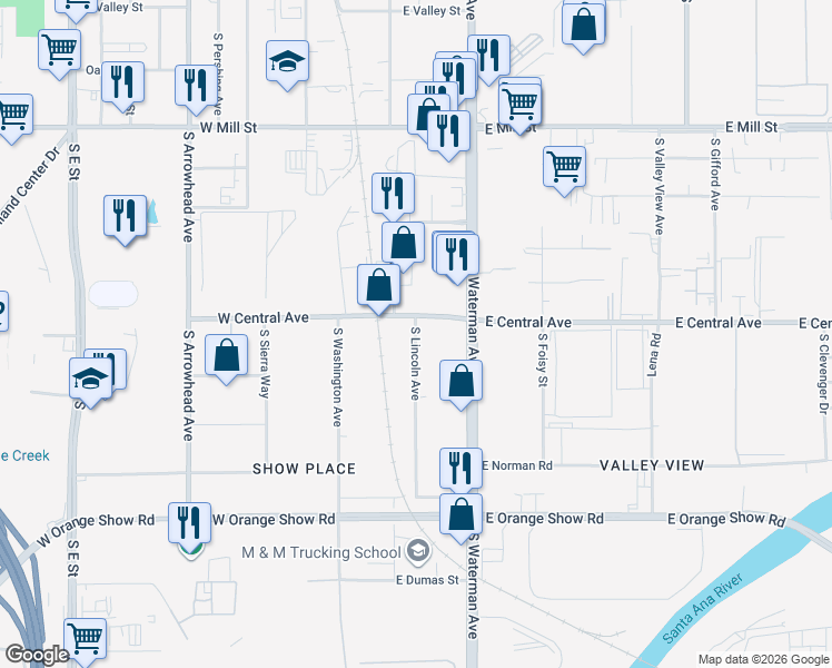 map of restaurants, bars, coffee shops, grocery stores, and more near 9276 South Lincoln Avenue in San Bernardino