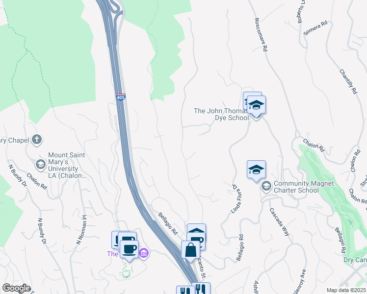 map of restaurants, bars, coffee shops, grocery stores, and more near 1090 Moraga Drive in Los Angeles