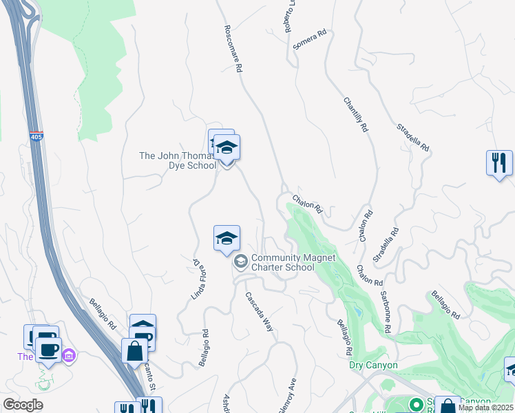 map of restaurants, bars, coffee shops, grocery stores, and more near 11316 Chalon Road in Los Angeles