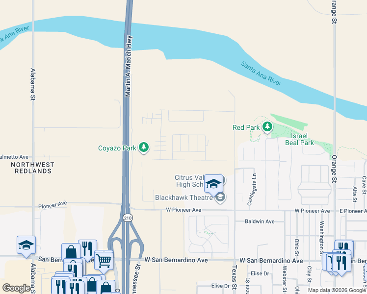 map of restaurants, bars, coffee shops, grocery stores, and more near 2040 Mandarin Lane in Redlands