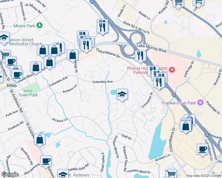 map of restaurants, bars, coffee shops, grocery stores, and more near 131 Wandering Brook Road in Irmo