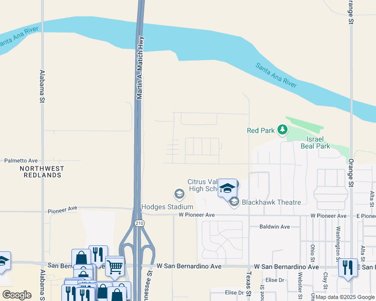 map of restaurants, bars, coffee shops, grocery stores, and more near 2040 Zest Street in Redlands