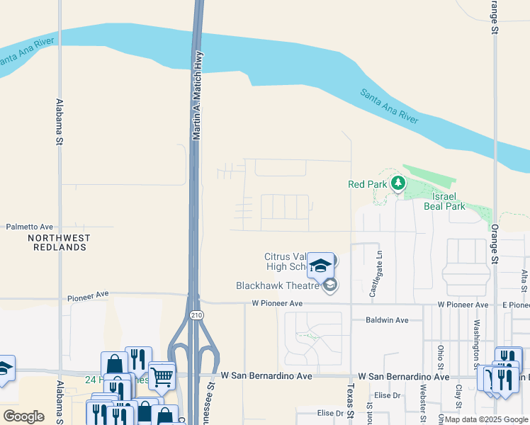 map of restaurants, bars, coffee shops, grocery stores, and more near 2040 Zest Street in Redlands