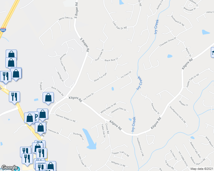 map of restaurants, bars, coffee shops, grocery stores, and more near Ivy Crest Drive in Buford