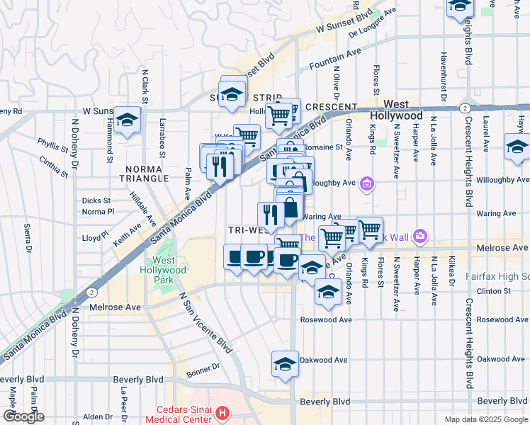 map of restaurants, bars, coffee shops, grocery stores, and more near 840 Westmount Drive in West Hollywood