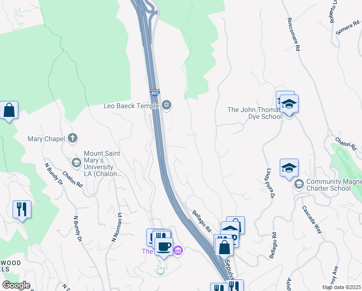 map of restaurants, bars, coffee shops, grocery stores, and more near 11813 Bel Terrace in Los Angeles