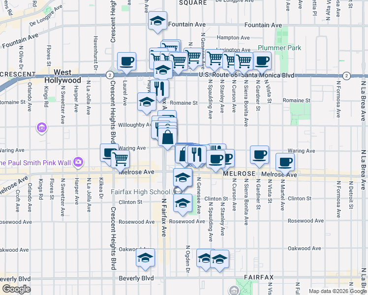 map of restaurants, bars, coffee shops, grocery stores, and more near 803 North Ogden Drive in Los Angeles