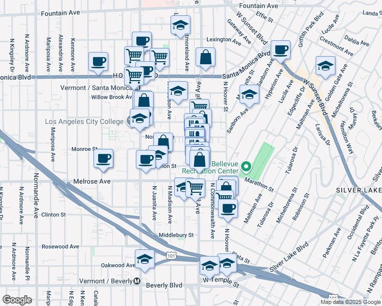 map of restaurants, bars, coffee shops, grocery stores, and more near 4116 1/4 Monroe Street in Los Angeles