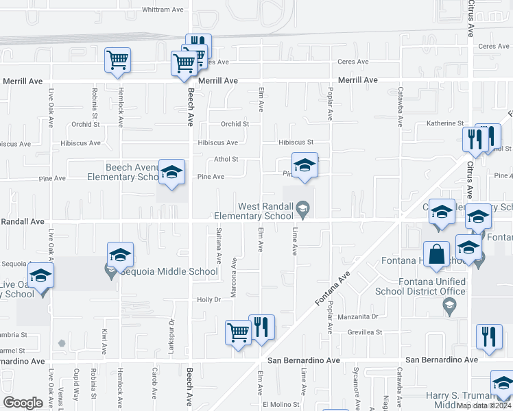 map of restaurants, bars, coffee shops, grocery stores, and more near 9258 Elm Avenue in Fontana