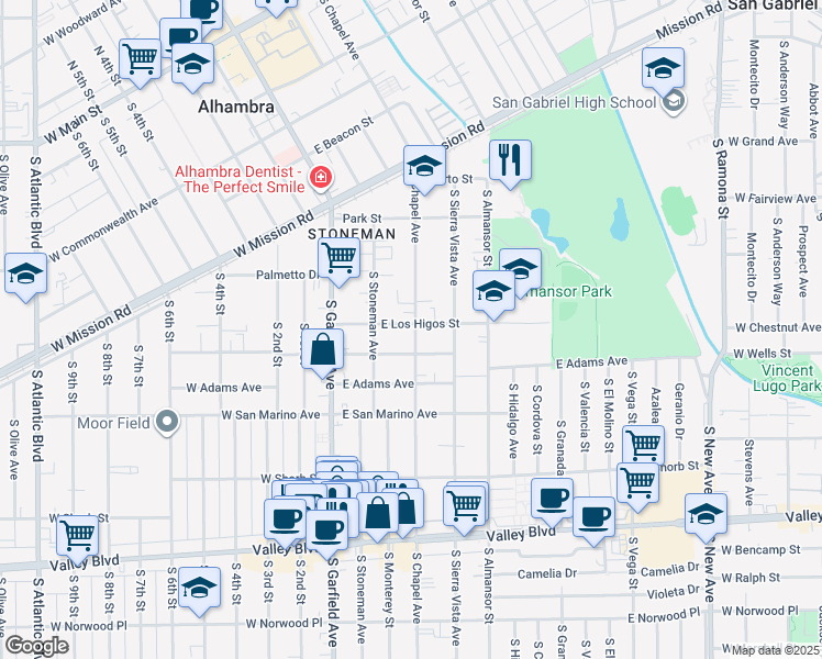 map of restaurants, bars, coffee shops, grocery stores, and more near 117 East Los Higos Street in Alhambra