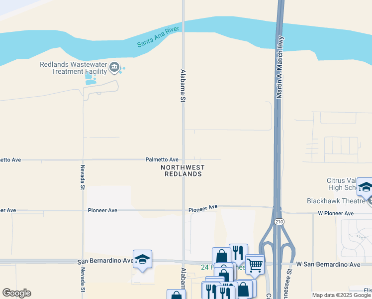 map of restaurants, bars, coffee shops, grocery stores, and more near 9375 Alabama Street in Redlands