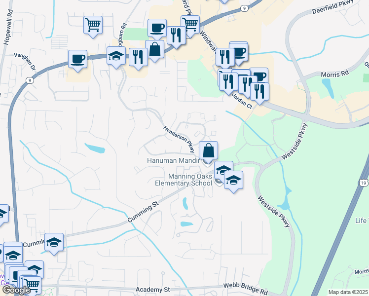 map of restaurants, bars, coffee shops, grocery stores, and more near 4025 Lullwater Way in Alpharetta