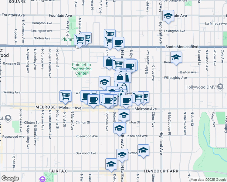 map of restaurants, bars, coffee shops, grocery stores, and more near 823 North Detroit Street in Los Angeles
