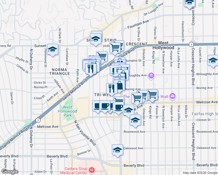 map of restaurants, bars, coffee shops, grocery stores, and more near 840 Westmount Drive in West Hollywood