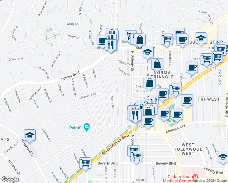 map of restaurants, bars, coffee shops, grocery stores, and more near 702 Sierra Drive in Beverly Hills