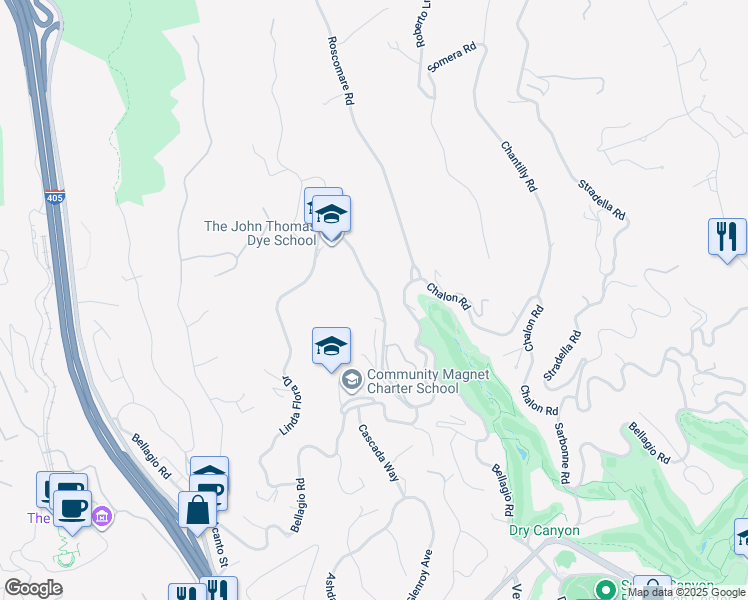 map of restaurants, bars, coffee shops, grocery stores, and more near 11316 Chalon Road in Los Angeles