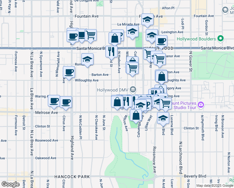 map of restaurants, bars, coffee shops, grocery stores, and more near in West Hollywood