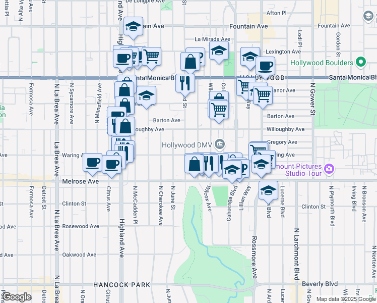 map of restaurants, bars, coffee shops, grocery stores, and more near 817 Seward Street in Los Angeles