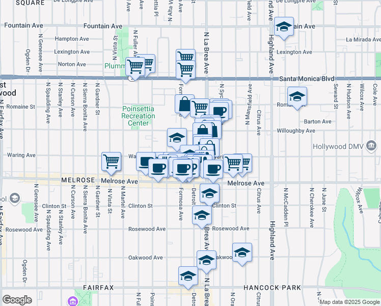 map of restaurants, bars, coffee shops, grocery stores, and more near 809 North Detroit Street in Los Angeles