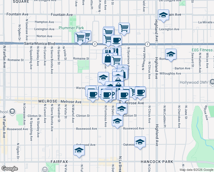 map of restaurants, bars, coffee shops, grocery stores, and more near 823 North Detroit Street in Los Angeles