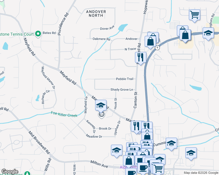 map of restaurants, bars, coffee shops, grocery stores, and more near 215 Shady Grove Lane in Alpharetta