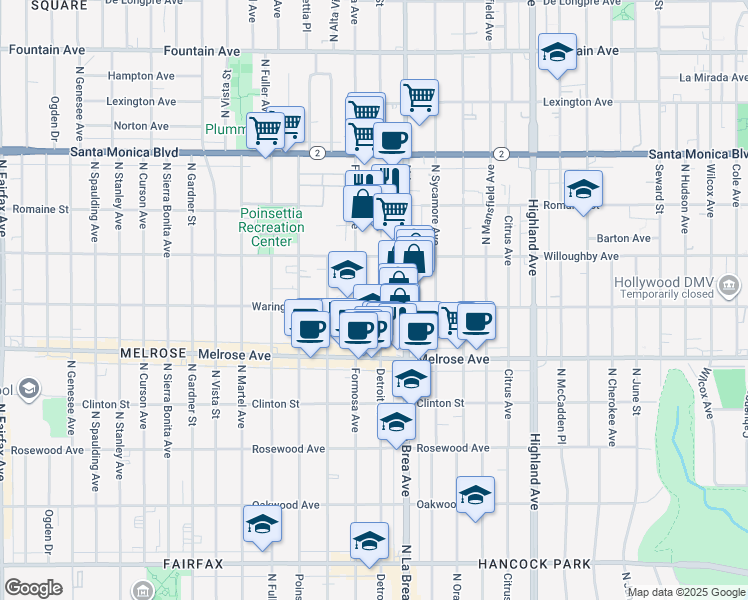 map of restaurants, bars, coffee shops, grocery stores, and more near 809 North Detroit Street in Los Angeles