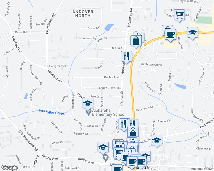 map of restaurants, bars, coffee shops, grocery stores, and more near 165 Shady Grove Lane in Alpharetta