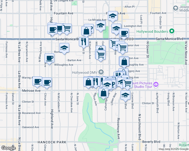 map of restaurants, bars, coffee shops, grocery stores, and more near 803 Wilcox Avenue in Los Angeles