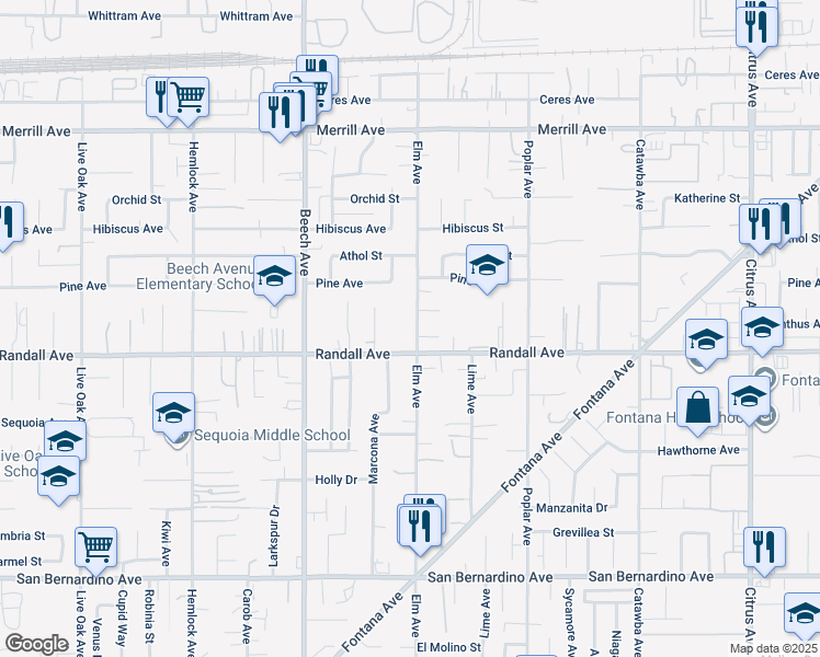 map of restaurants, bars, coffee shops, grocery stores, and more near in Fontana