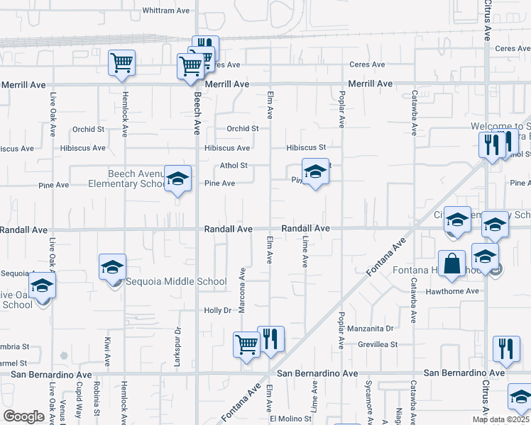 map of restaurants, bars, coffee shops, grocery stores, and more near 9258 Elm Avenue in Fontana