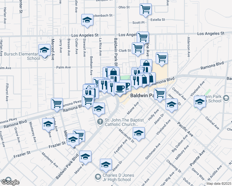 map of restaurants, bars, coffee shops, grocery stores, and more near Ramona Boulevard & Baldwin Park Boulevard in Baldwin Park