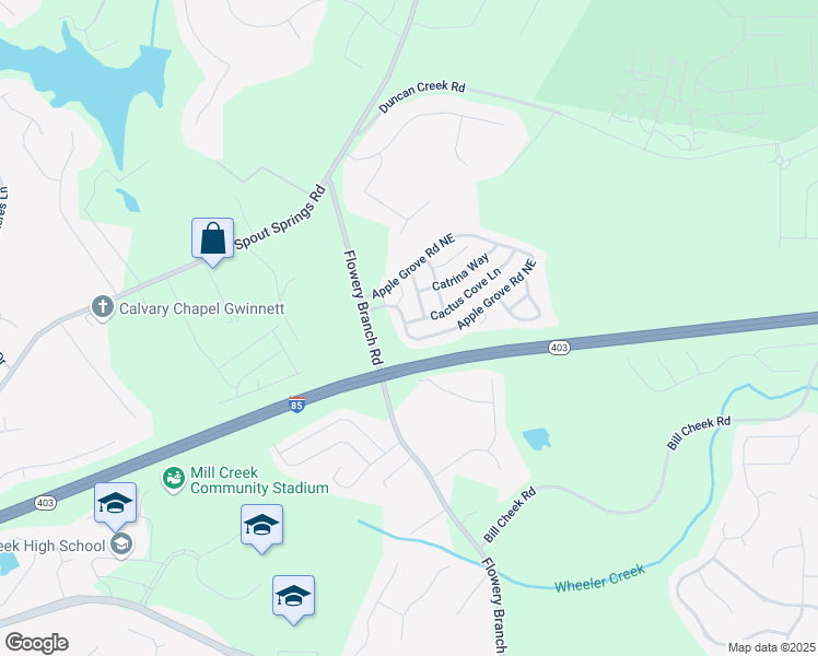 map of restaurants, bars, coffee shops, grocery stores, and more near 6031 Apple Grove Road Northeast in Buford