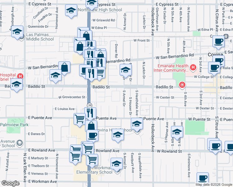 map of restaurants, bars, coffee shops, grocery stores, and more near 1950 Badillo Street in West Covina