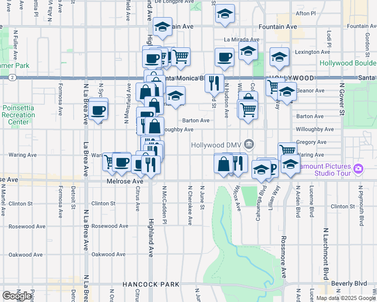 map of restaurants, bars, coffee shops, grocery stores, and more near 807 North Cherokee Avenue in Los Angeles
