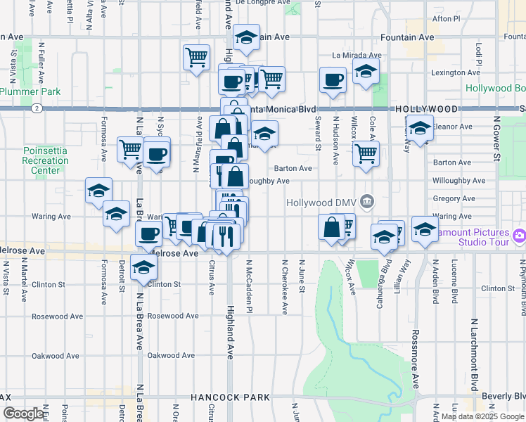 map of restaurants, bars, coffee shops, grocery stores, and more near 809 North Las Palmas Avenue in Los Angeles