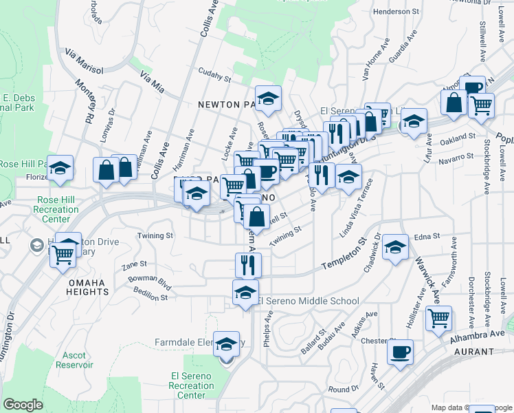 map of restaurants, bars, coffee shops, grocery stores, and more near 4860 Huntington Drive South in Los Angeles