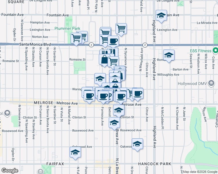 map of restaurants, bars, coffee shops, grocery stores, and more near 823 North Detroit Street in Los Angeles