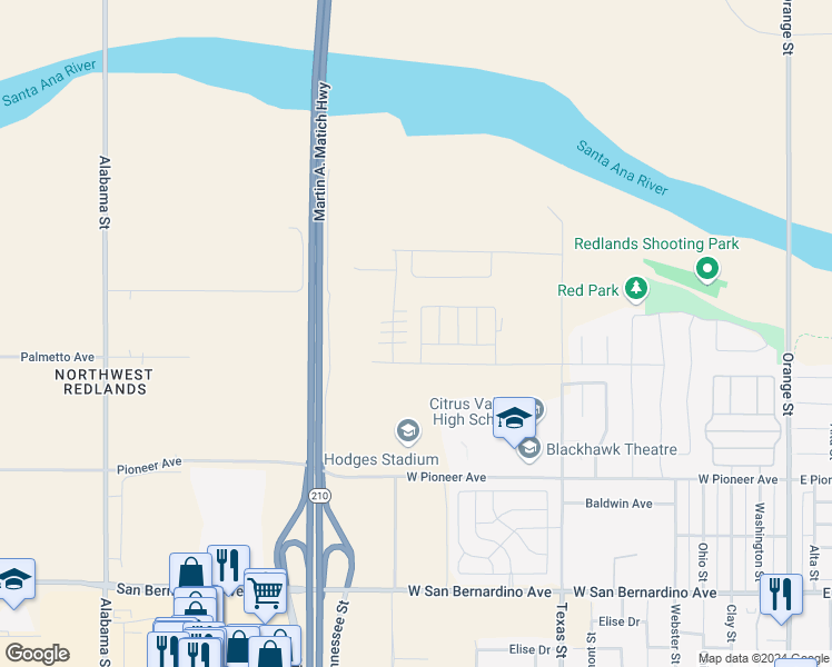 map of restaurants, bars, coffee shops, grocery stores, and more near 2043 Zest Street in Redlands