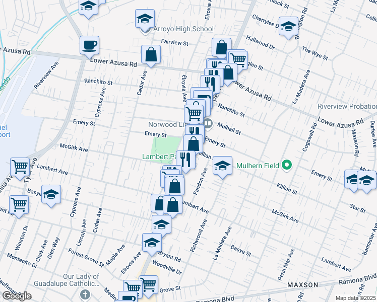 map of restaurants, bars, coffee shops, grocery stores, and more near 4501 Peck Road in El Monte