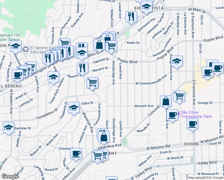 map of restaurants, bars, coffee shops, grocery stores, and more near 3423 Stockbridge Avenue in Los Angeles