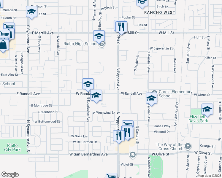 map of restaurants, bars, coffee shops, grocery stores, and more near 853 South Lamarr Street in Rialto