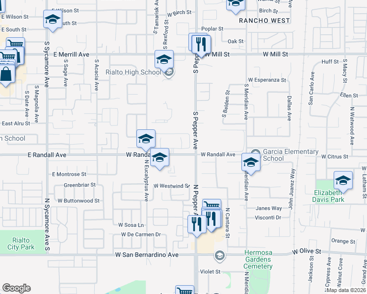 map of restaurants, bars, coffee shops, grocery stores, and more near 881 South Lamarr Street in Rialto